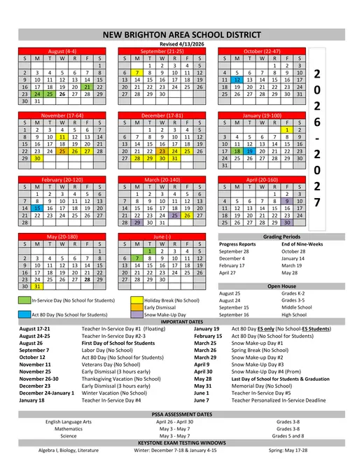 New Brighton Area School District 2026–2027 Academic Calendar