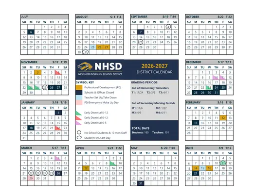 New Hope-Solebury School District 2026–2027 Academic Calendar Page 1