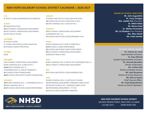 New Hope-Solebury School District 2026–2027 Academic Calendar Page 2