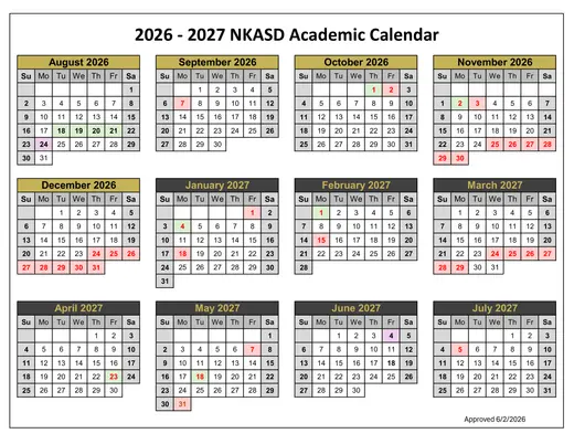 New Kensington-Arnold School District 2026–2027 Academic Calendar Page 1