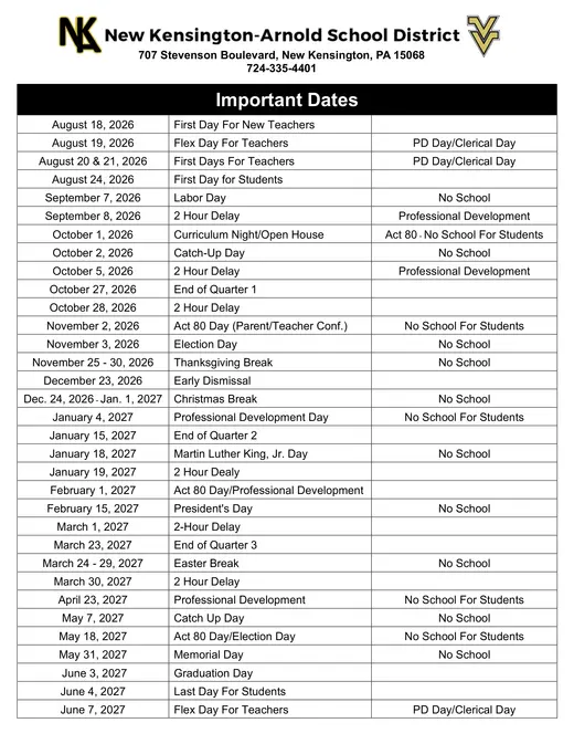 New Kensington-Arnold School District 2026–2027 Academic Calendar Page 2