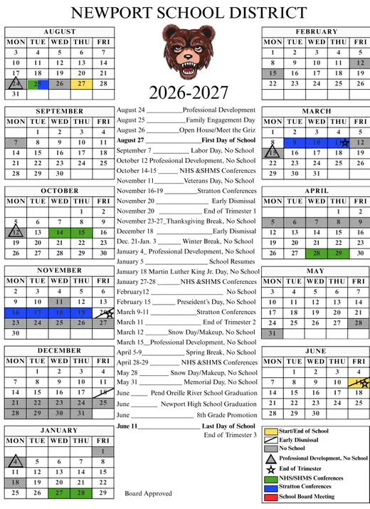 Newport School District 2026–2027 Academic Calendar Page 1