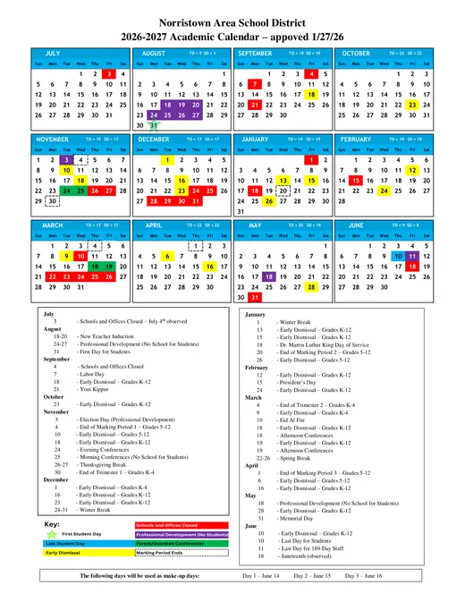 Norristown Area School District 2026–2027 Academic Calendar