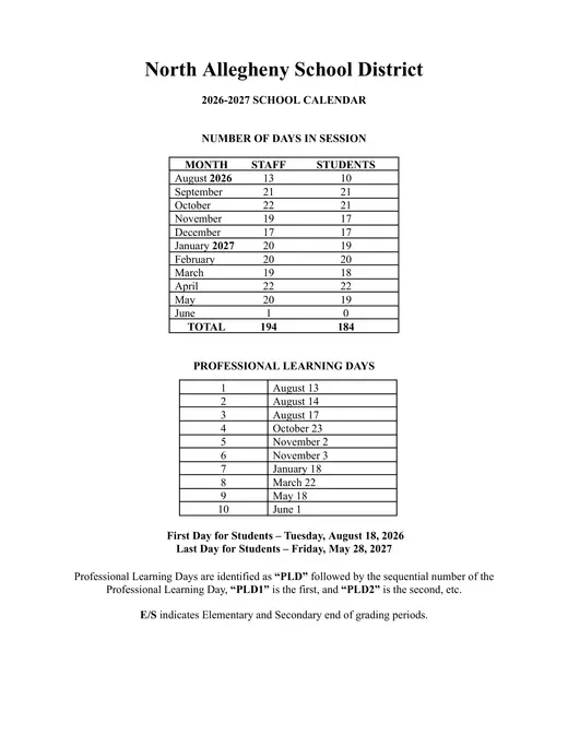 North Allegheny School District 2026–2027 Academic Calendar Page 1