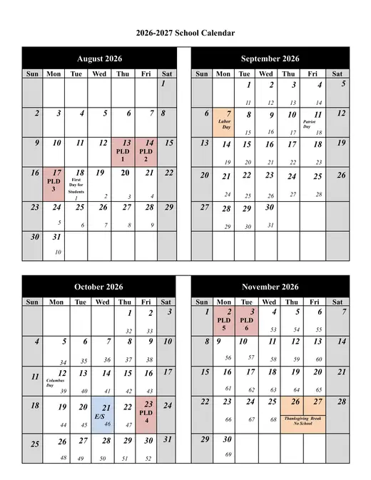 North Allegheny School District 2026–2027 Academic Calendar Page 2