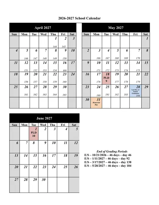 North Allegheny School District 2026–2027 Academic Calendar Page 4