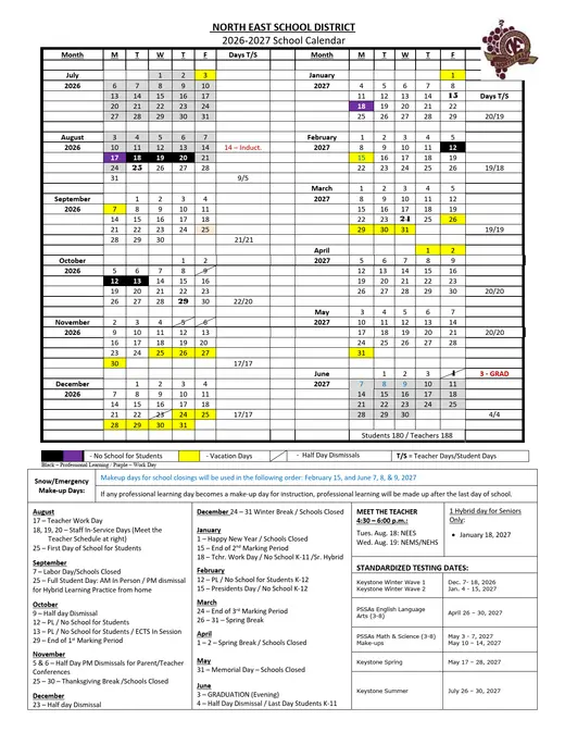 North East School District 2026–2027 Academic Calendar Page 1
