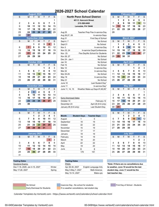 North Penn School District 2026–2027 Academic Calendar