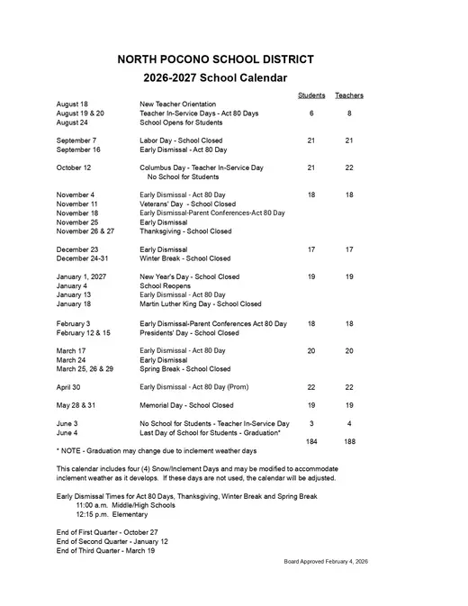 North Pocono School District 2026–2027 Academic Calendar Page 2