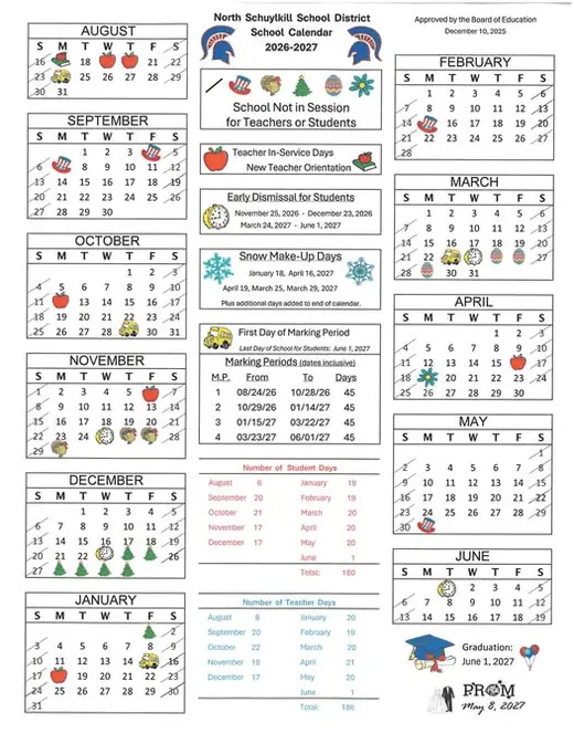 North Schuylkill School District 2026–2027 Academic Calendar Page 2
