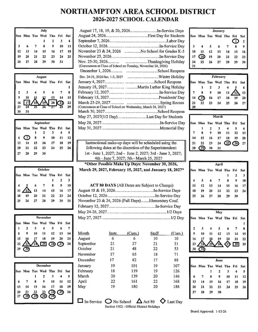 Northampton Area School District 2026–2027 Academic Calendar Page 1