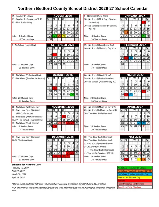 Northern Bedford County School District 2026–2027 Academic Calendar Page 1