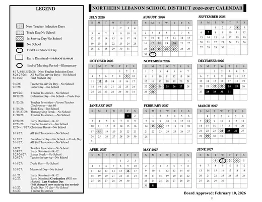 Northern Lebanon School District 2026–2027 Academic Calendar