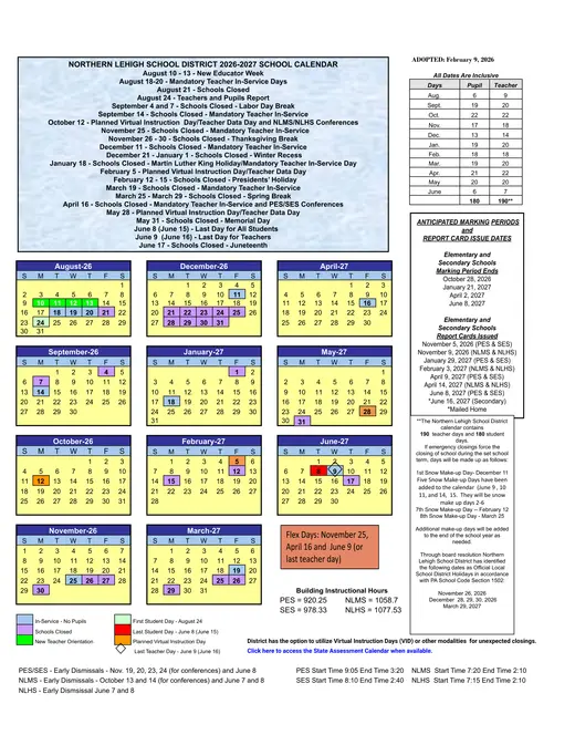 Northern Lehigh School District 2026–2027 Academic Calendar