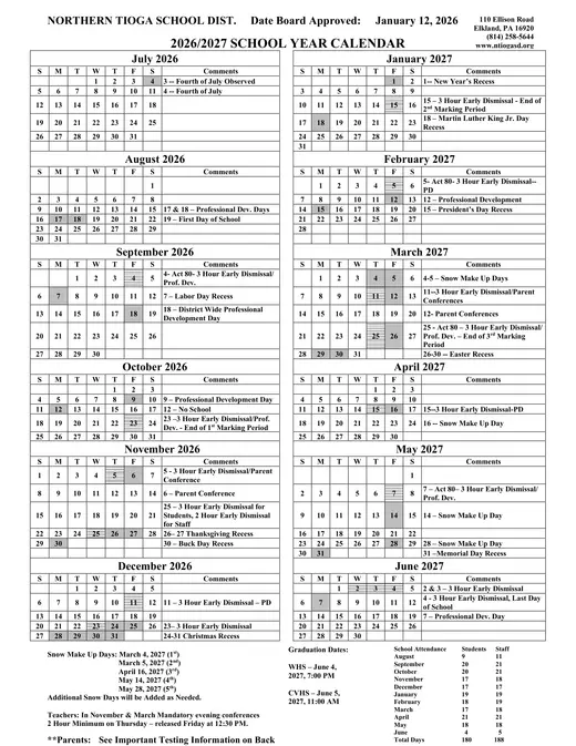 Northern Tioga School Dist 2026–2027 Academic Calendar Page 1