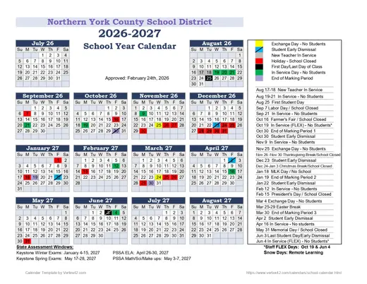 Northern York County School District 2026–2027 Academic Calendar
