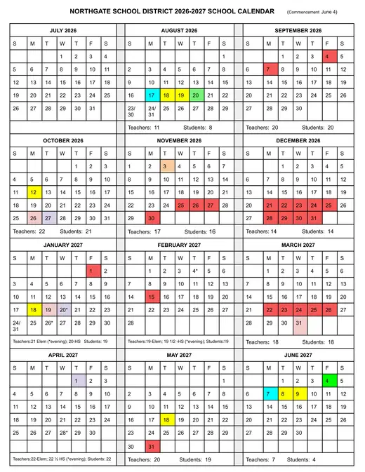 Northgate School District 2026–2027 Academic Calendar Page 1