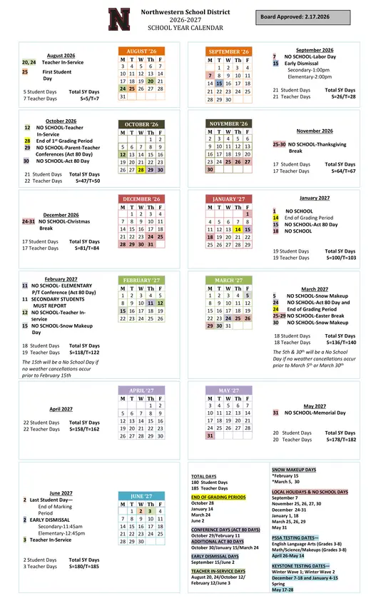 Northwestern School District 2026–2027 Academic Calendar