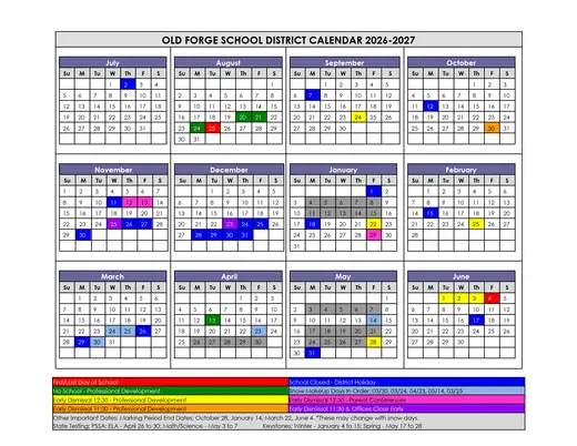 Old Forge School District 2026–2027 Academic Calendar Page 1