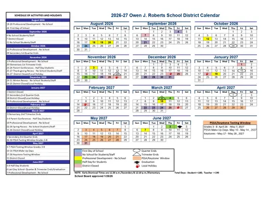 Owen J. Roberts School District 2026–2027 Academic Calendar
