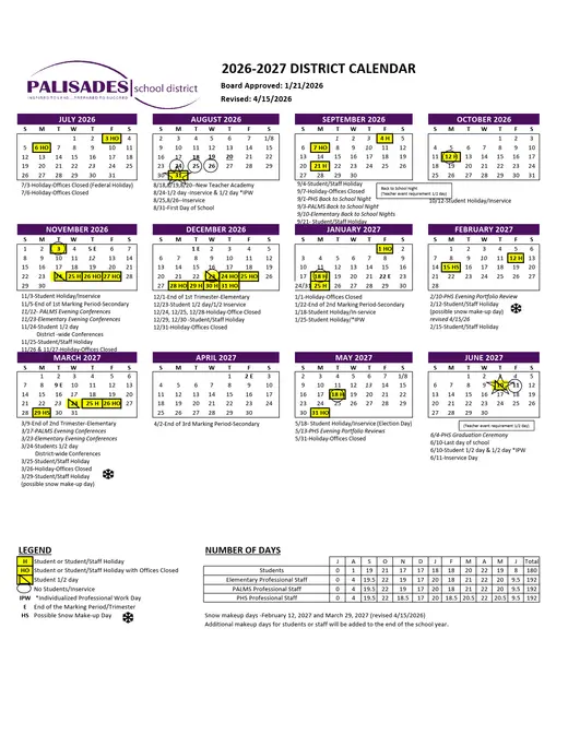 Palisades School District 2026–2027 Academic Calendar Page 1
