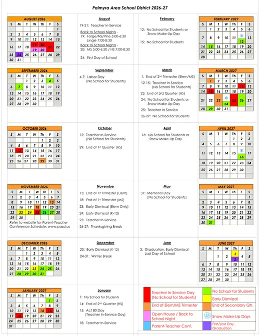 Palmyra Area School District 2026–2027 Academic Calendar Page 1