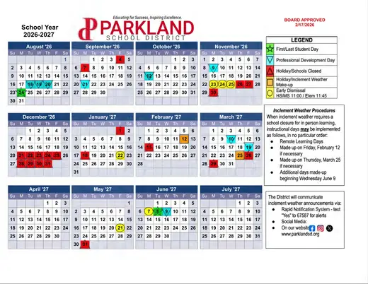 Parkland School District 2026–2027 Academic Calendar Page 1