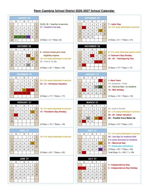 Penn Cambria School District 2026–2027 Academic Calendar Page 1