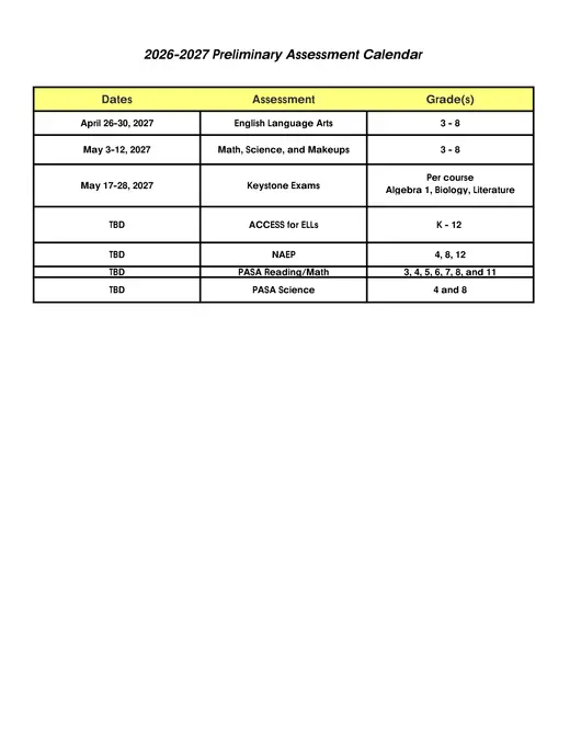 Penn Cambria School District 2026–2027 Academic Calendar Page 3
