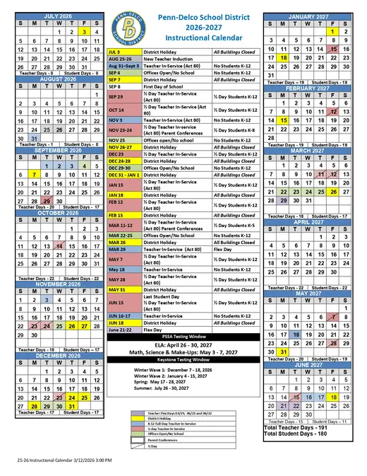 Penn-Delco School District 2026–2027 Academic Calendar