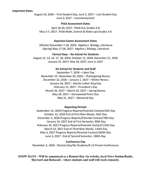 Penn Hills School District 2026–2027 Academic Calendar Page 1