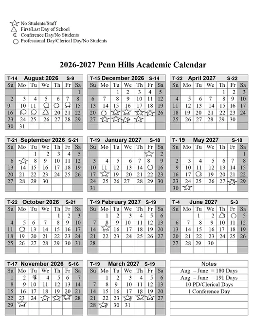 Penn Hills School District 2026–2027 Academic Calendar Page 2