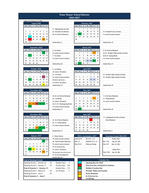 Penn Manor School District 2026–2027 Academic Calendar