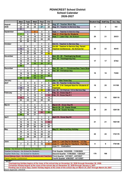 PENNCREST School District 2026–2027 Academic Calendar Page 1