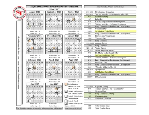PENNCREST School District 2026–2027 Academic Calendar Page 2