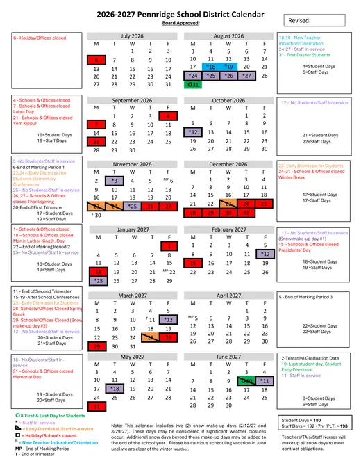 Pennridge School District 2026–2027 Academic Calendar Page 1
