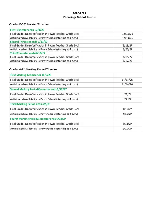Pennridge School District 2026–2027 Academic Calendar Page 2