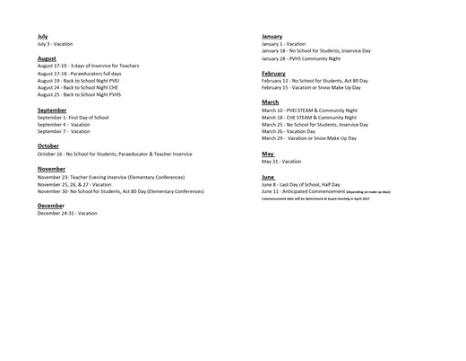 Penns Valley Area School District 2026–2027 Academic Calendar Page 2