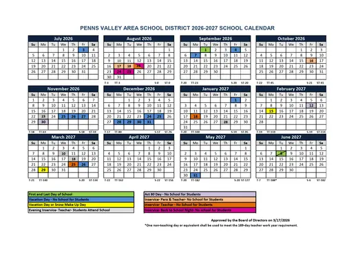 Penns Valley Area School District 2026–2027 Academic Calendar Page 1