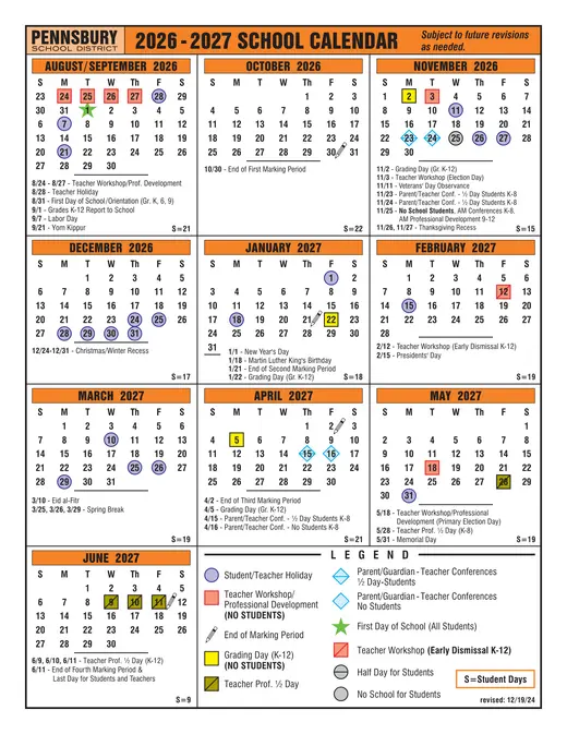 Pennsbury School District 2026–2027 Academic Calendar