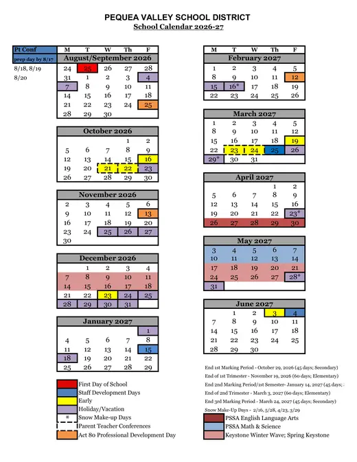 Pequea Valley School District 2026–2027 Academic Calendar Page 1