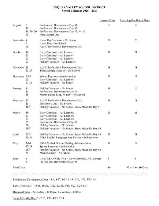 Pequea Valley School District 2026–2027 Academic Calendar Page 2
