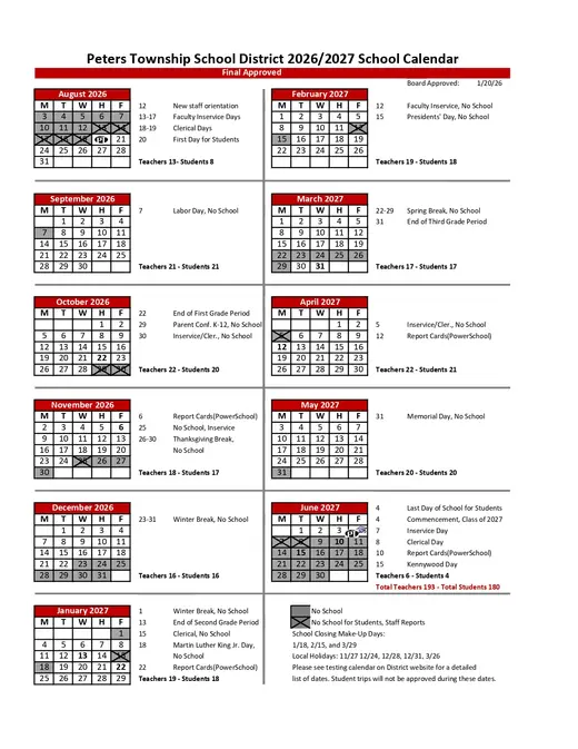 Peters Township School District 2026–2027 Academic Calendar
