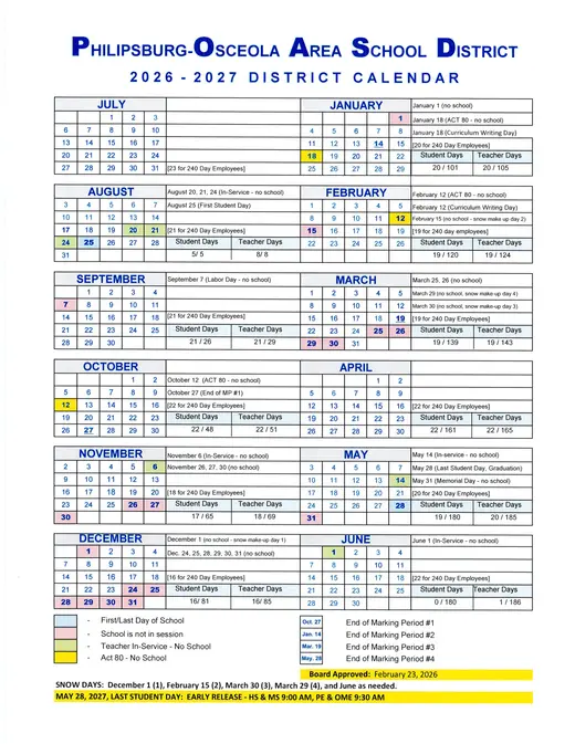 Philipsburg-Osceola Area School District 2026–2027 Academic Calendar Page 1