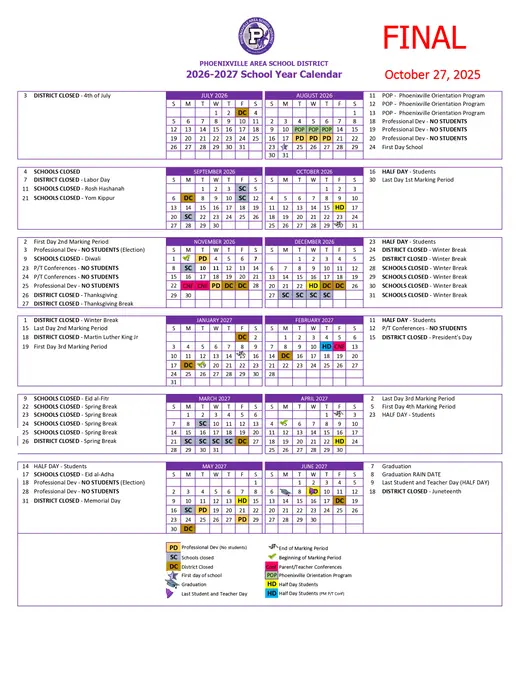 Phoenixville Area School District 2026–2027 Academic Calendar Page 1