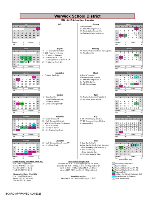 Phoenixville Area School District 2026–2027 Academic Calendar Page 2