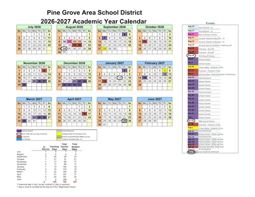 Pine Grove Area School District 2026–2027 Academic Calendar