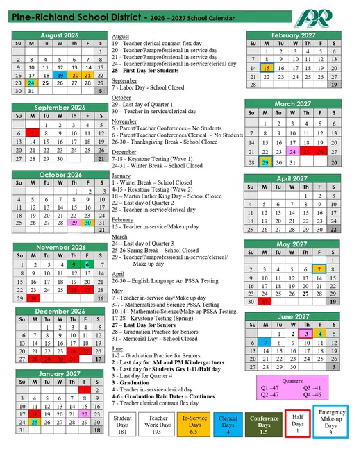Pine-Richland School District 2026–2027 Academic Calendar