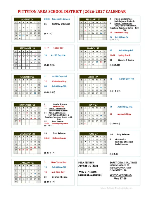 Pittston Area School District 2026–2027 Academic Calendar