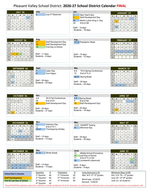 Pleasant Valley School District 2026–2027 Academic Calendar Page 1